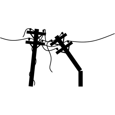 Silhouette of two damaged electricity poles with broken wires. The