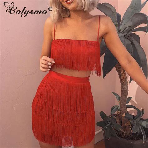 buy colysmo fringed sexy dress red summer dress elegant women two piece autumn