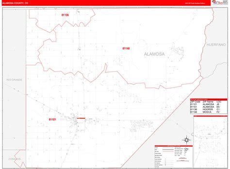 Alamosa County, CO Zip Code Wall Map Red Line Style by MarketMAPS