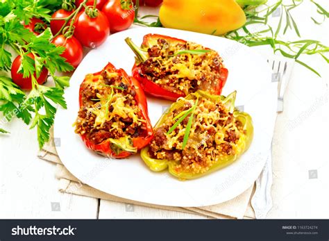 Pepper Sweet Stuffed Mincemeat Couscous Cheese Stock Photo