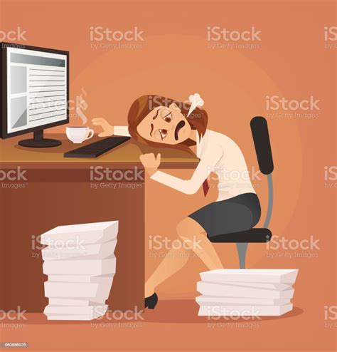 Hard Work Tired Unhappy Office Worker Woman Character Trying To Work