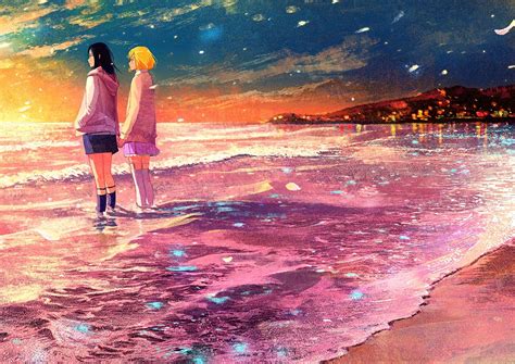 2girls Beach Gemi Original Scenic Shoujoai Sunset Waifu2x Water Anime