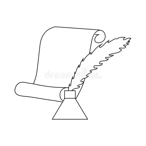 Quill Pen With Inkwell And Paper Scroll Icon Stock Vector