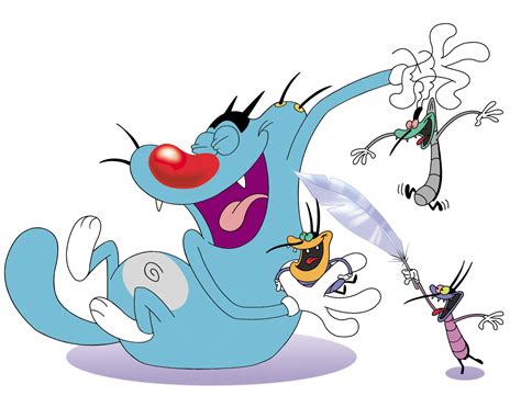 Oggy usually finds creatures accompanying him to the end of the episode, such as crabs, clams, a horse, a very technologically advanced child, a puppy while traditional slapstick cartoon characters prefer dropping anvils and pianos on each other, this show sometimes uses even buses or submarines. American top cartoons: Oggy and the cockroaches
