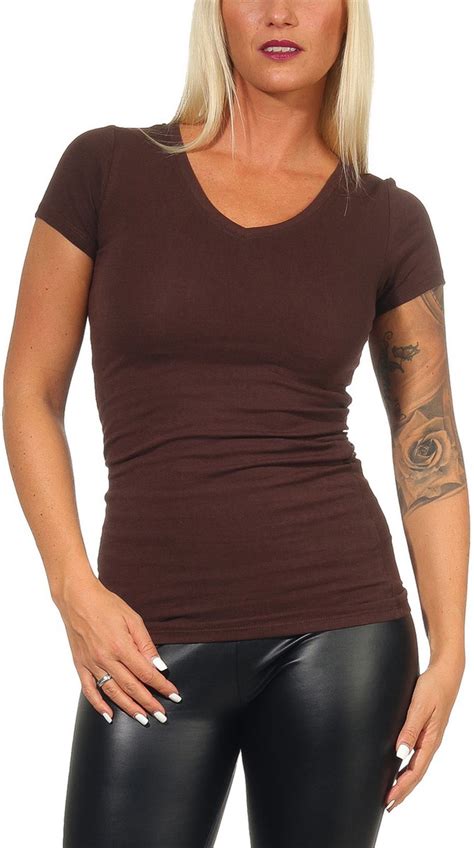 Damen T Shirt Lang Longshirt Basic Stretch V Ausschnitt Rundhals Slim Eng Sexy Ebay