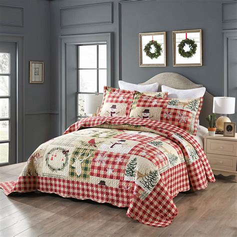 Marcielo 3 Piece Christmas Quilt Set Rustic Lodge Deer Quilt Quilted