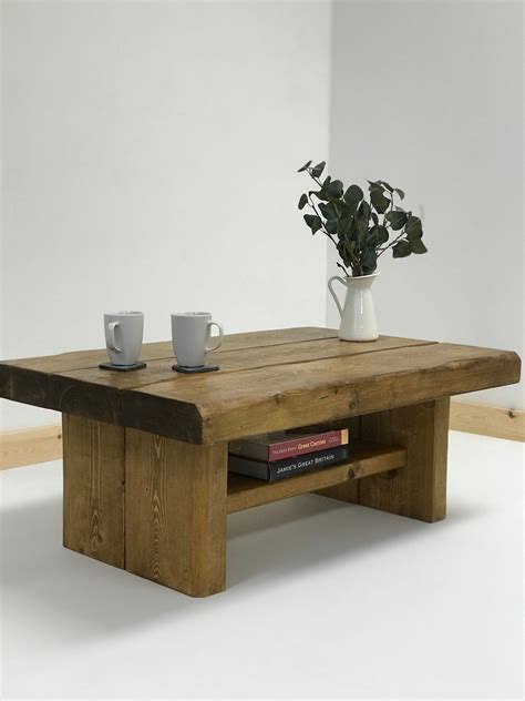 Coffee Table Made From Solid Chunky Wood With Shelf Etsy Coffee