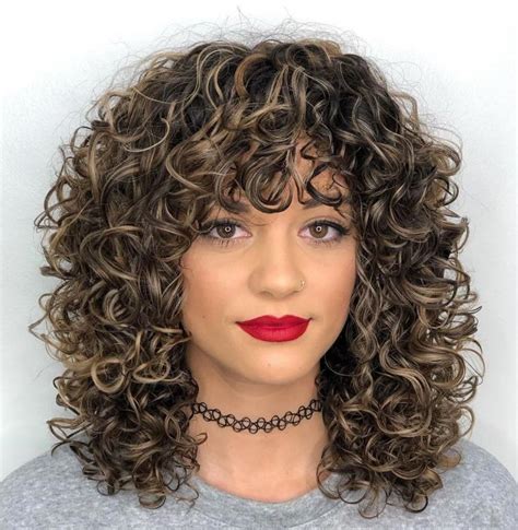 Mid Length Curly Hairstyle With Curly Bangs Curlybangs Medium Curly Hair Styles Curly Hair