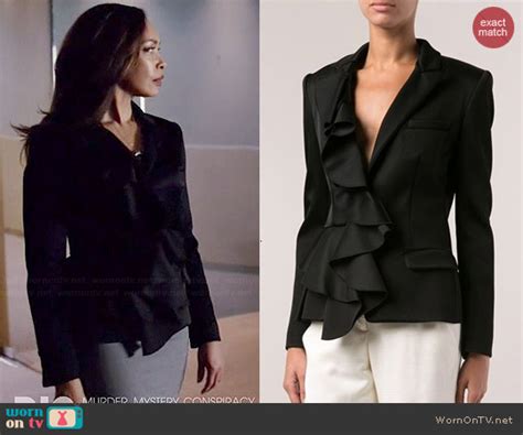 wornontv jessica s black ruffle front blazer on suits gina torres clothes and wardrobe from tv