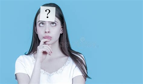 Thinking Woman With Question Mark Looking Up Doubtful Girl Asking