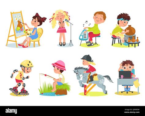 Kids Hobbies Little Children Characters Engaged In Various Activities