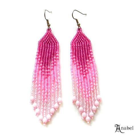 Pink Beaded Earrings Beadwork Dangle Fringe Seed Bead Jewelry Ombre