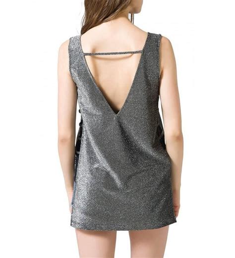 Womens Sexy Sleeveless Sparkle Shimmer Deep V Neck Camisole Vest Tank Tops Silver Gray