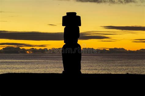 Sunset Over Easter Island With Moai Silhouette Stock Image Image Of