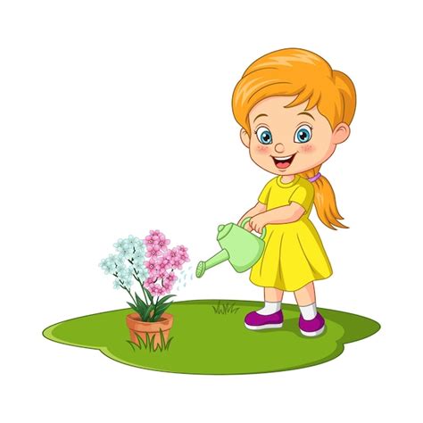 Premium Vector Cute Little Girl Watering Flowers