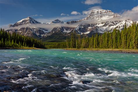 Athabasca River And Snow Capped Mountains Fine Art Print Photos By