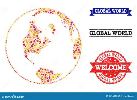 Star Mosaic Map Of Global World And Rubber Watermarks Stock Vector