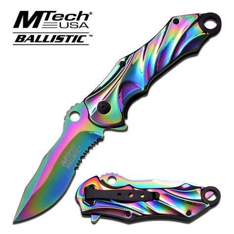 Rainbow Titanium Fade Spring Assisted Pocket Knife Folding Bowie Ser