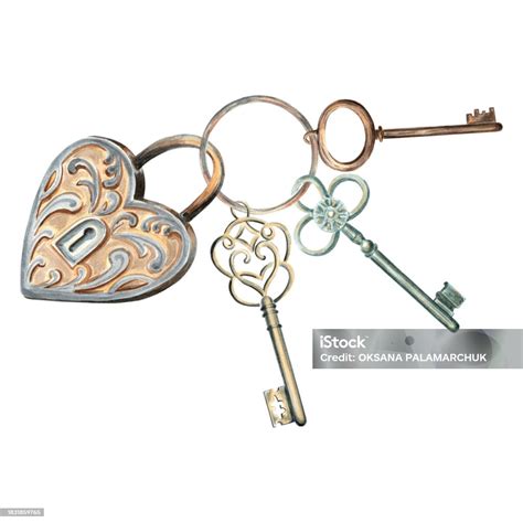 Watercolor Old Heartshaped Padlock With Keys On Ring Template Retro