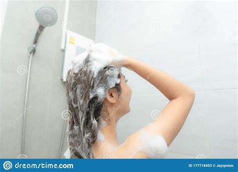 Asian Women Portrait Of Happy Girl Taking Shower With Gel Stock Image