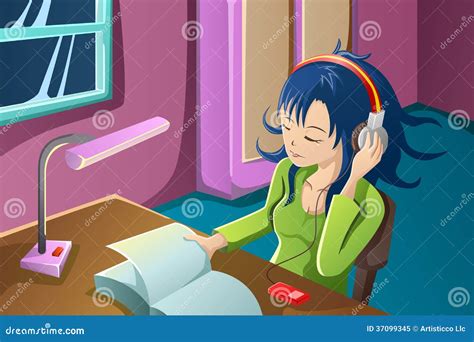 Anime Girl Listening To Music While Reading