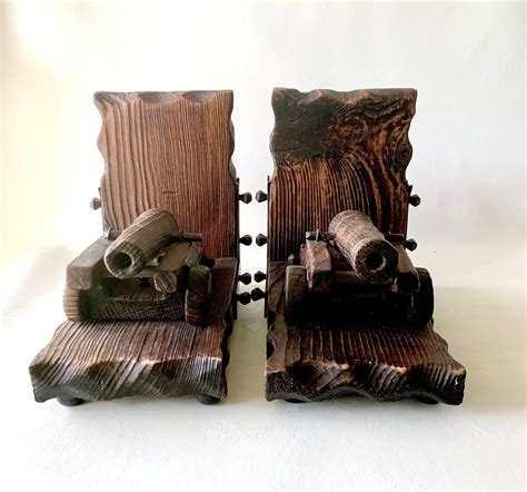 Vintage Cannon Bookends Rustic Carved Wood Etsy