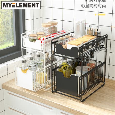 Dual slide 2 tier under sink pull out drawer attach to the bottom of kitchen and bathroom cabinets to quickly bring the back of. Myelement 2 Tier Sliding Cabinet Basket Pull Out Organizer ...