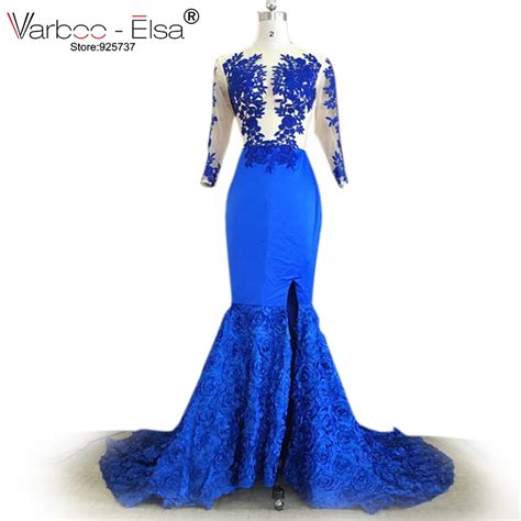 Royal Blue Mermaid Dress Split Prom Gowns 2017 Sexy Illusion Long