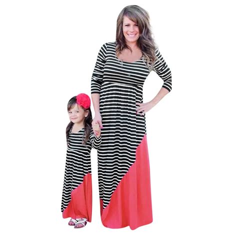 Mommy Kids Dresses For Girls Long Sleeves Stripe Print Dress Casual