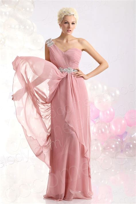 Luxurious Sheath Column One Shoulder Floor Length Chiffon Pink Evening Dress Cozf13013