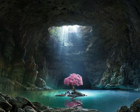 Download 1280x1024 Wallpaper Pink Tree Blossom Cave Lake Nature