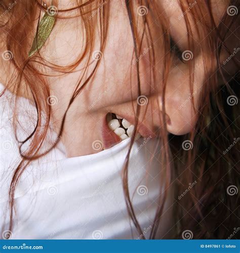 Woman Biting Pillow Stock Image Image