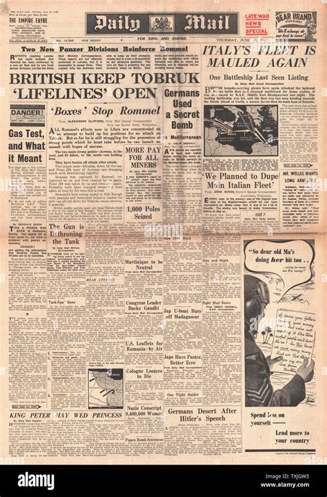 1942 Front Page Daily Mail Battle For Tobruk And Allies Attack Italian