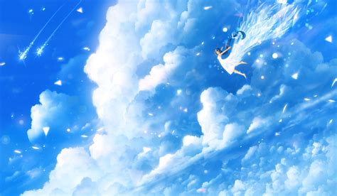 Download 2304x1344 Anime Girl Flying Sky Clouds Light Dress Leaves
