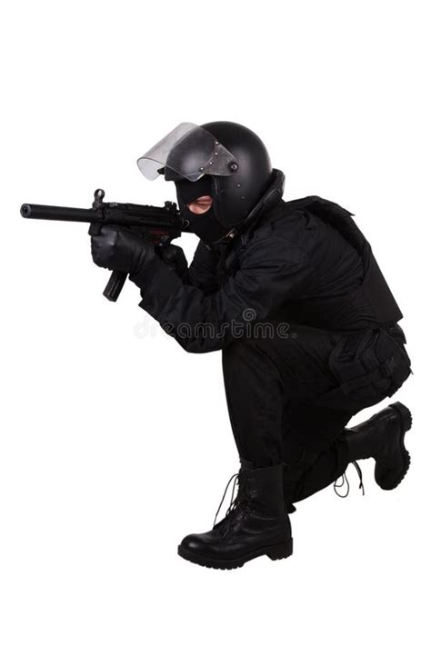 Police Special Forces Officer In Black Uniform Stock Photo Image Of