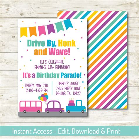 Drive By Birthday Parade Invitation Editable Invite Digital Etsy