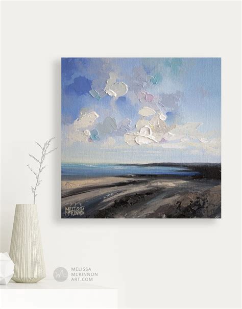 Ocean Seascape Painting Of Cloudy Blue Sky And Beach Coast View By