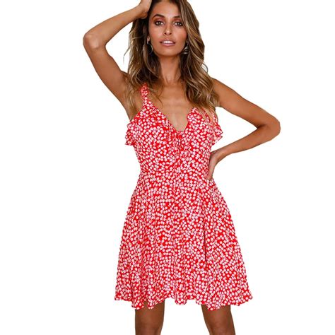 v neck sexy red dresses for woman floral print spaghetti strap summer dress short casual boho