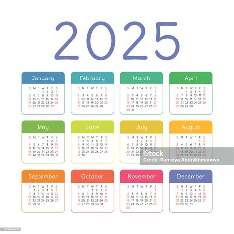 Ilustración De Calendario 2025 Año Inglés Colorido Vector Cuadrado