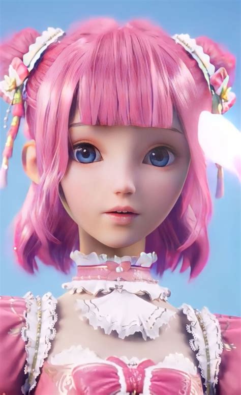An Anime Girl With Pink Hair And Big Blue Eyes Is Wearing A Dress That Has Bows On Its Head