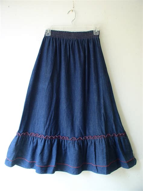 Vintage 1970s Womens Skirt Prairie Denim Ruffled Bottom