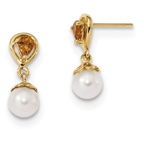 14k Gold W Citrine And Freshwater Cultured Pearl Post Dangle Earrings
