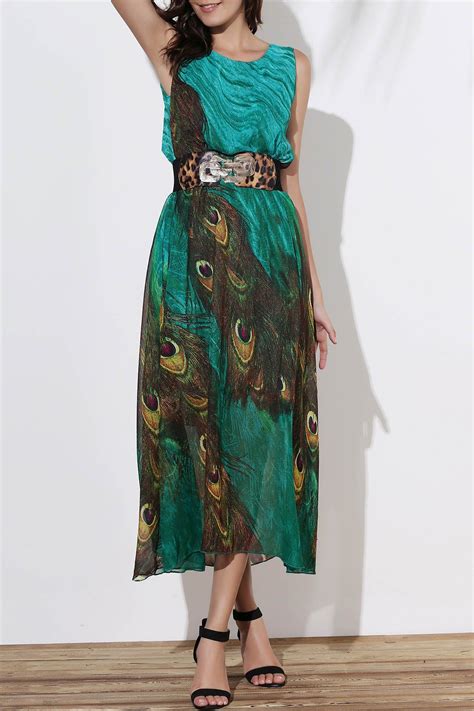 Fashionable Scoop Neck Peacock Feather Print Sleeveless Womens Dress