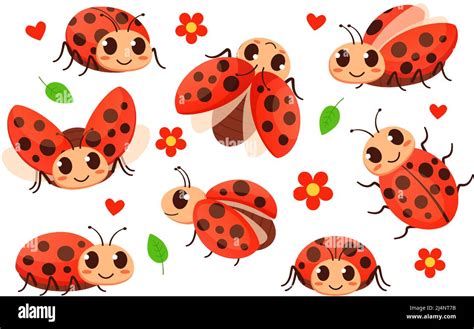 Cartoon Ladybug Cute Ladybugs Garden Red Bugs And Lady Insect Vector