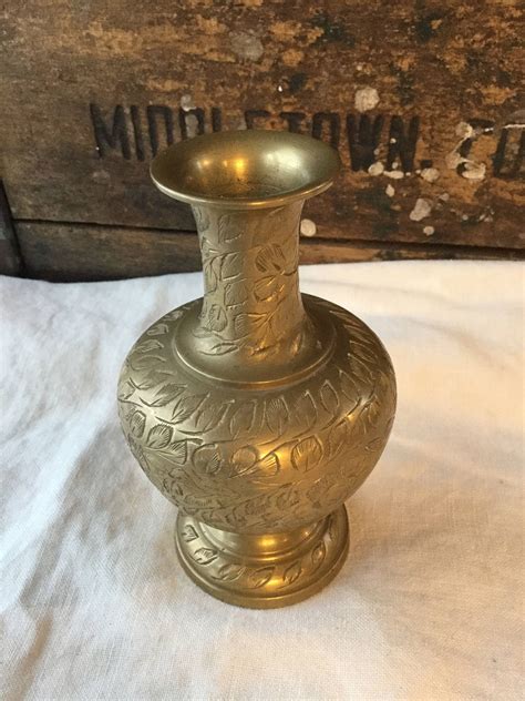 Vintage Small Etched Floral Brass Vase India Etsy Brass Vase Vase Etched Brass