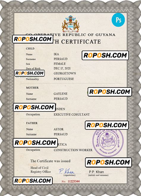 Guyana Vital Record Birth Certificate Psd Template Fully Editable Roposh