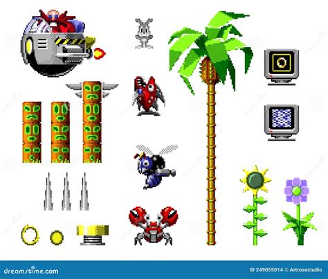 Conjunto De Elementos Sónicos El Hedgehog Clásico De Diseño De Píxeles