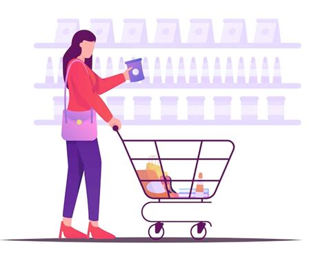 Mujer De Compras Con Carro Ilustración Plana Vector Premium