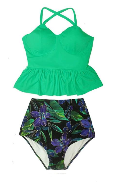 green greenery peplum tankini top and luxury flora highwaist highwaisted high waisted waist