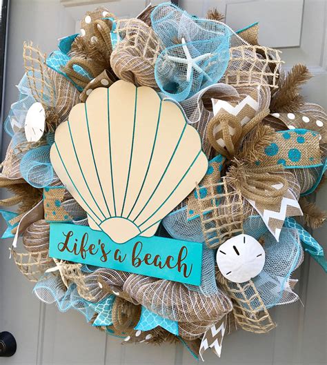 Lifes A Beach Burlap Deco Mesh Wreath With Seashells Seashell Wreath